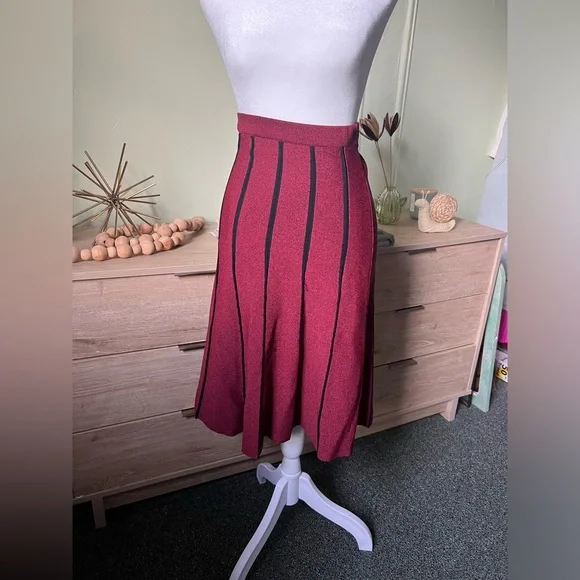 Maroon Black Pleated High-Waist Sweater Stretch Modest Midi Knee-Length Skirt S - Picture 9 of 16